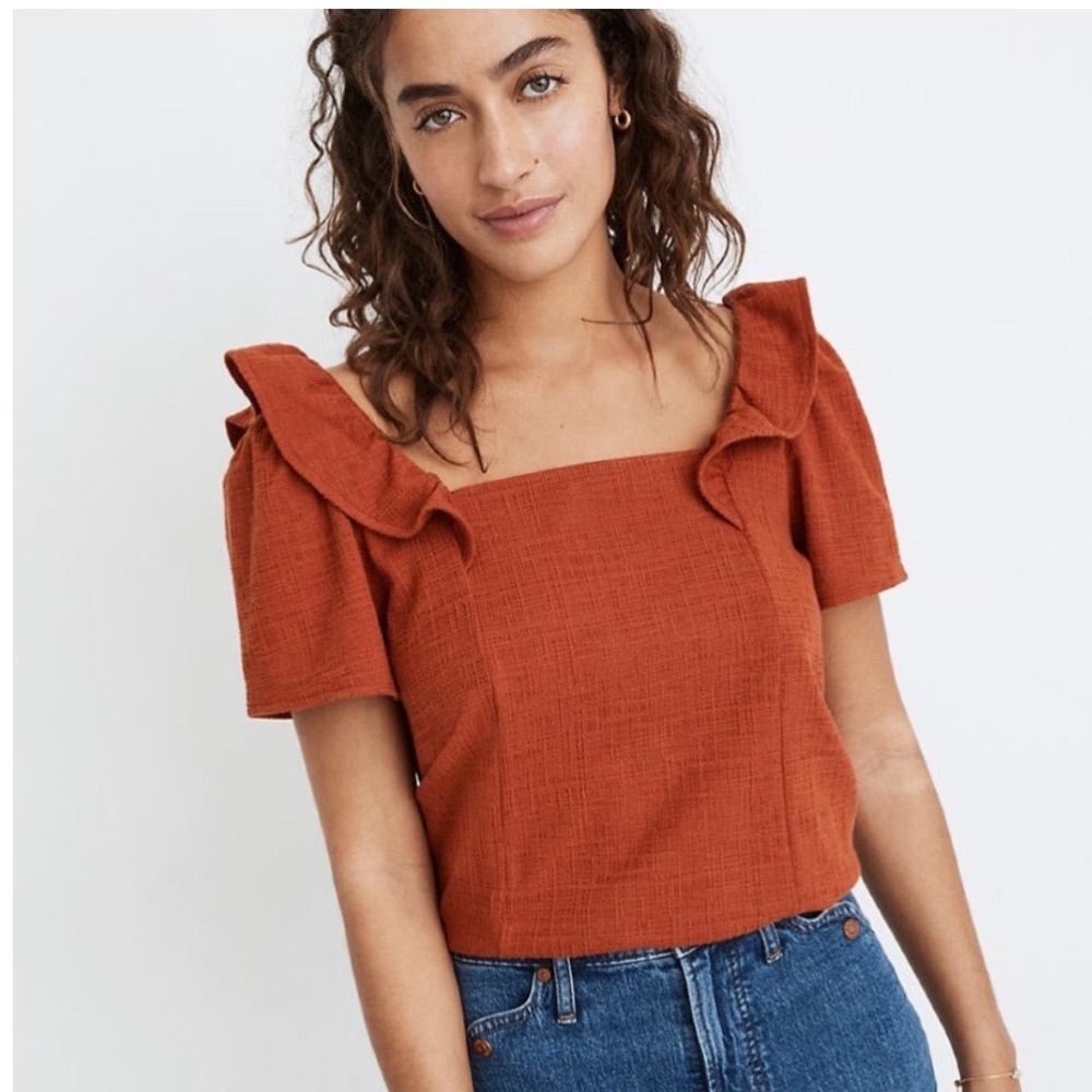 Madewell Ruffle Shoulder Square Neck Top Rust‎ Orange Textured Blouse XS G7567